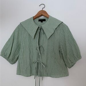 Zara Green Checkered Blouse with Tie Detail